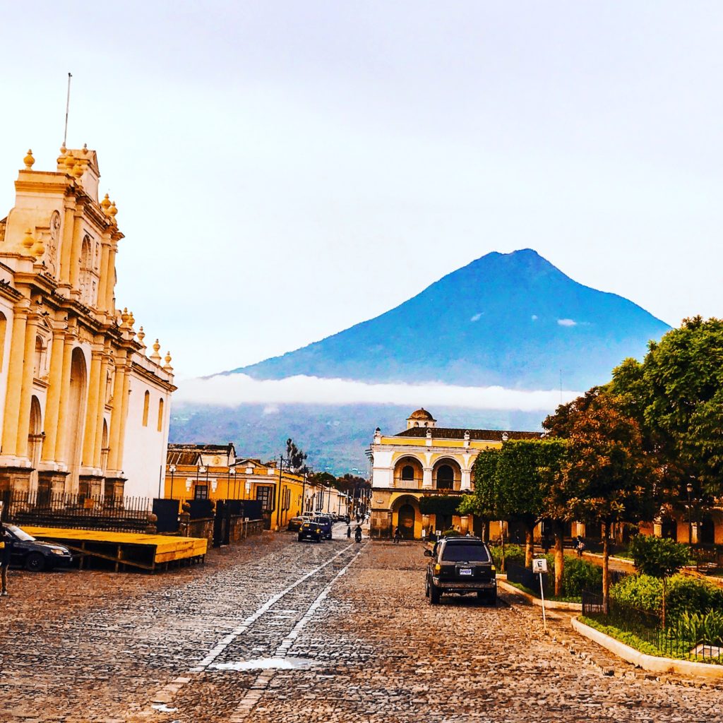 Clear view of Volcano Agua from Parque Central in Antigua, Guatemala. The clouds haven't rolled in yet.