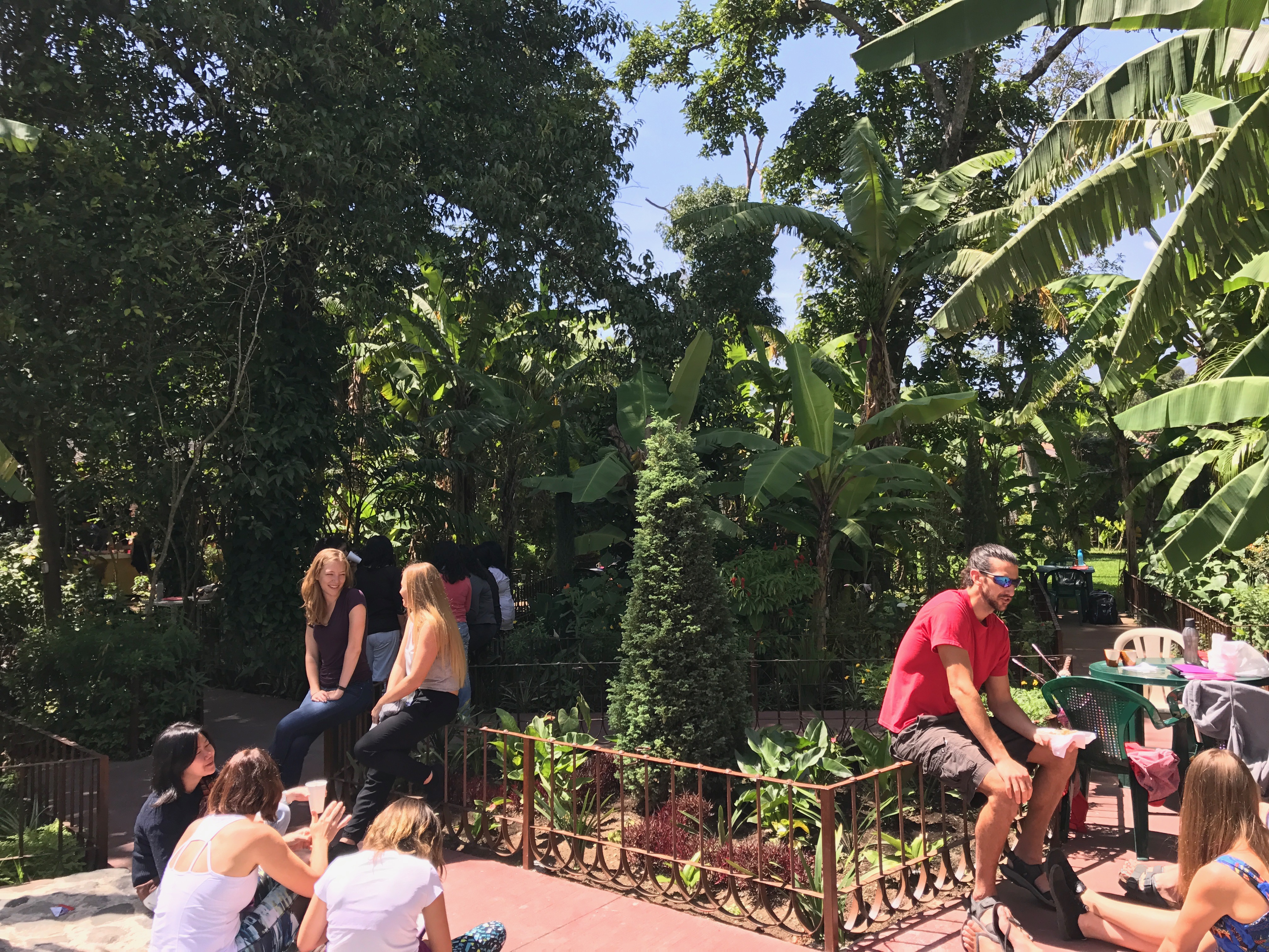 Students socialising in the garden where Spanish classes are held.